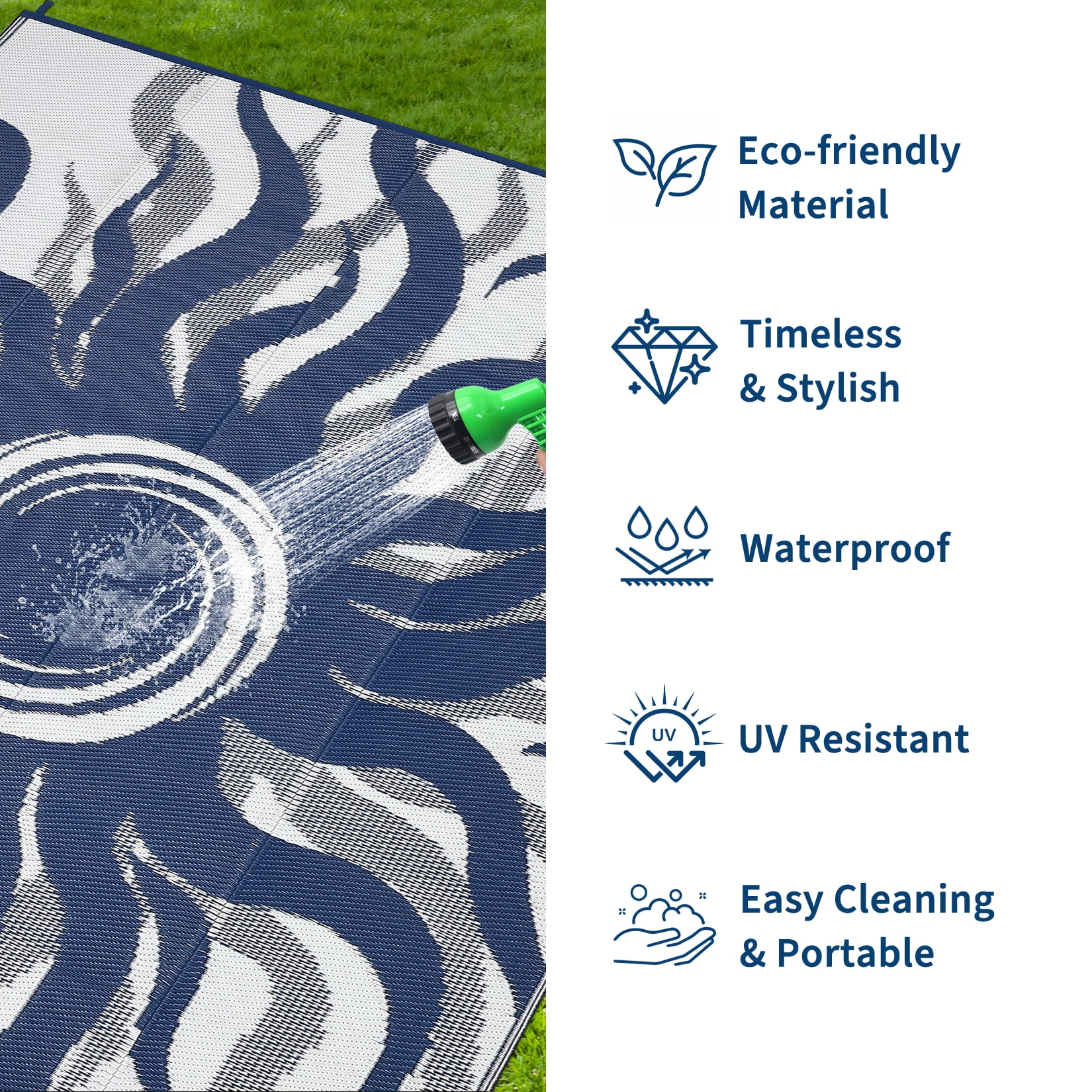 HIWEAVER Navy 9'x 12' Outdoor Rug Garden Decor Abstract Sun Pattern Carpet Plastic Straw Waterproof Reversible Patio Area Rug for Balcony Deck Picnic Portable Camping Mat