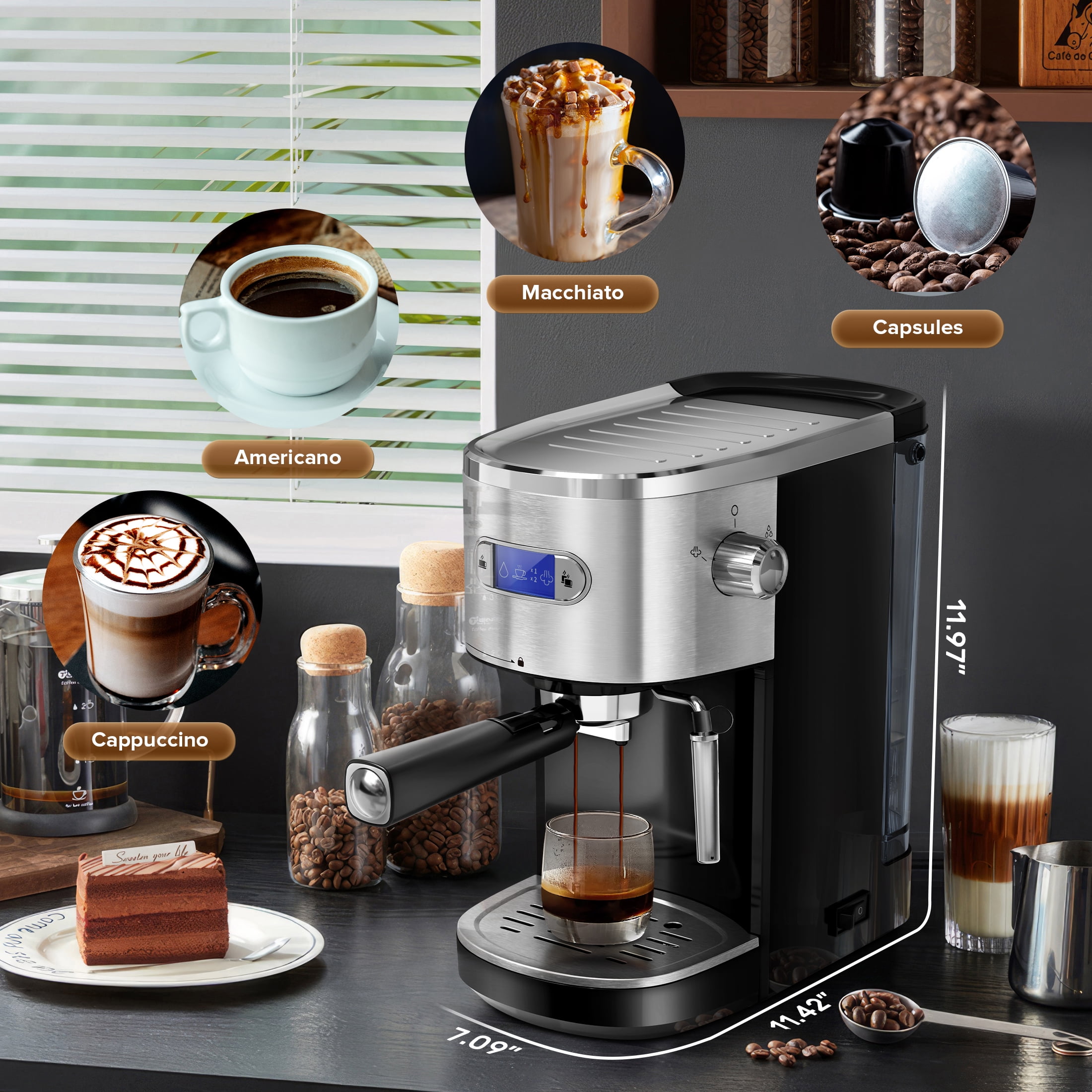 Auseo 20 Bar Espresso Coffee Maker, Drip Coffee Machine with 1-2 Cup, Espresso Machine with Milk Frother Steam Wand, 45 OZ Removable Water Tank for Home/Office/Cafe, Black