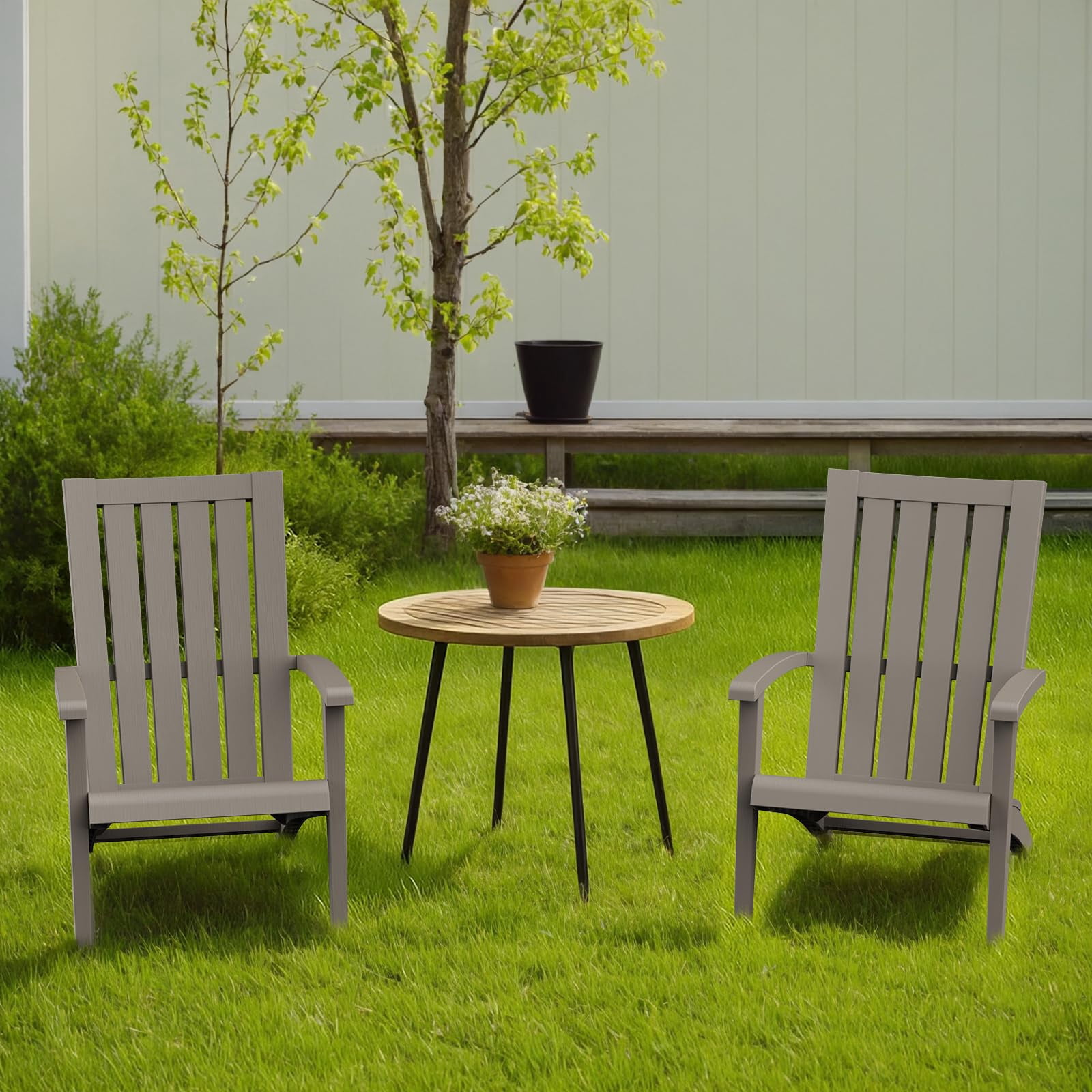 EasyUp All-Weather Resin Adirondack Chair with Wooden Texture and Cup Holder for Outdoor Deck, Backyard, Patio & Garden