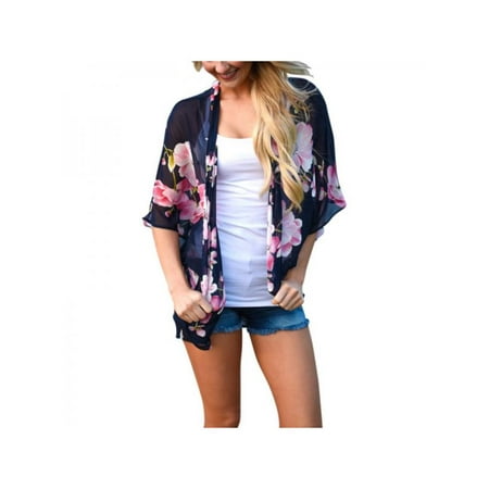 Floral Silk Camp Shirt - Women Casual Loose Boho Floral Chiffon Kimono Shawl Cardigan
