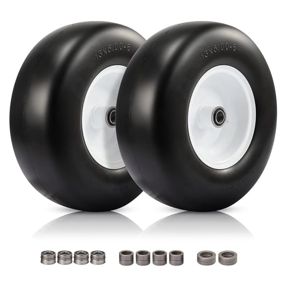 2 Pcs 13x5.00-6 Flat Free Tire and Wheel with 1/2" 3/4" 5/8" Precision Bearings with 3.25"-6.85" Centered Hub, 13x5x6 Lawn Mower Tires for Residential and , Zero Turn Mower Front Tires
