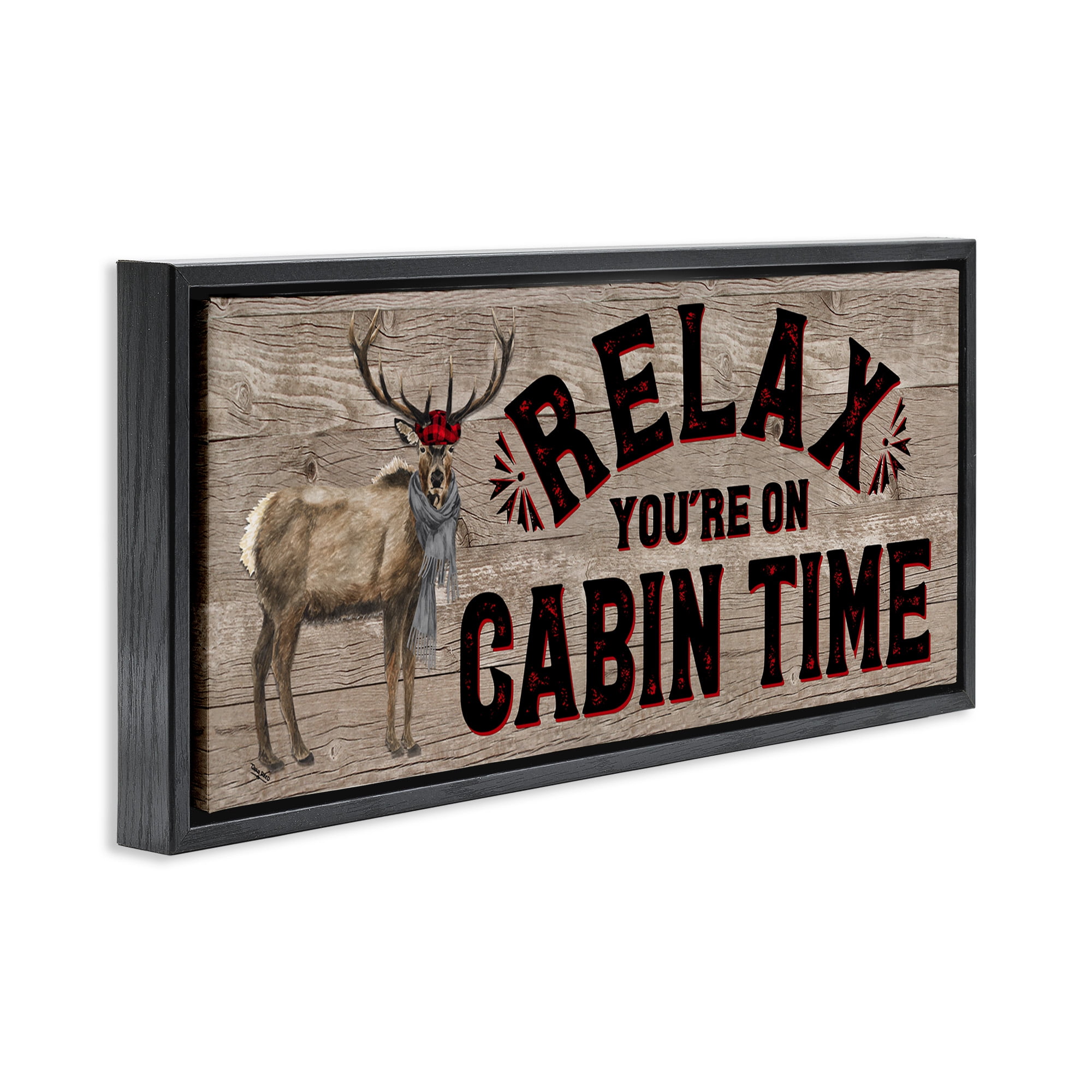 Stupell Industries Cabin Time Phrase with Deer Animals & Insects Painting Black Floater Framed Canvas Art Print Wall Art, 25 x 11
