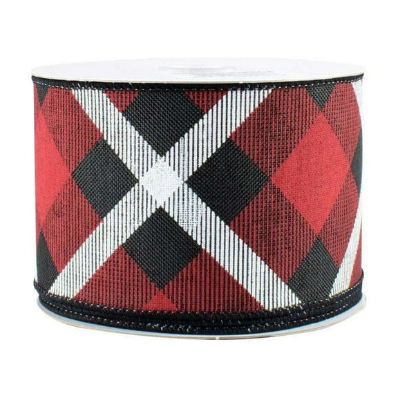 Diagonal Plaid Wired Christmas Ribbon - 2 1/2 inch x 10 Yards, Red Black and White Plaid, Wreath