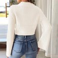 thumbnail image 6 of Women's Cropped Sweater 3D Floral Knit Long Bell Sleeve Mock Neck Pullover Top White M, 6 of 6