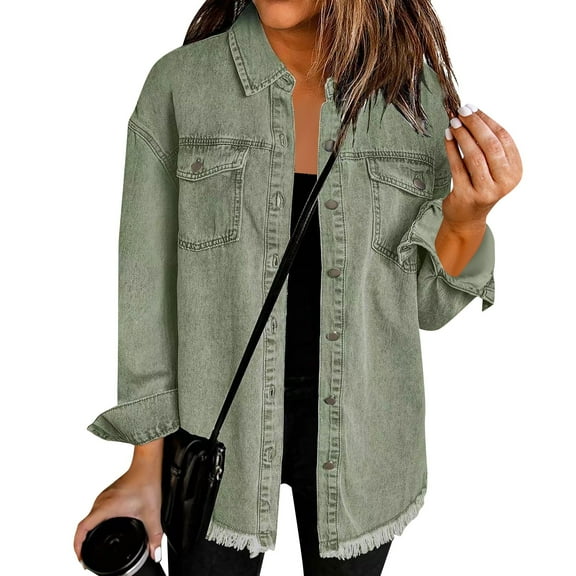 Women's Oversized Denim Jacket Boyfriend Button Down Frayed Hem Shacket Distressed Jean Jackets Fall Outfits Mint Green L