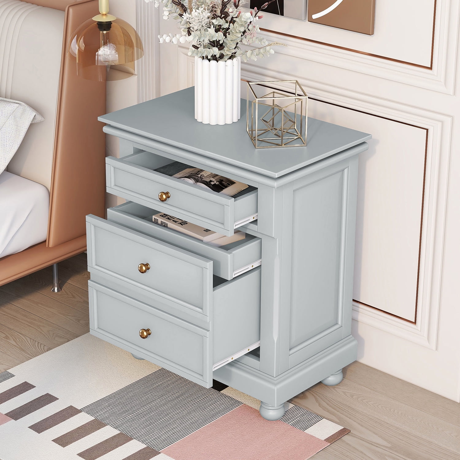 Kadyn Modern 3 Drawers Nightstand, Storage End Table with Gold Metal Handle, Bedside Table for Living Room and Bedroom, Gray Kadyn Modern 3 Drawers Nightstand, Storage End Table with Gold Metal Handle, Bedside Table for Living Room and Bedroom, Gray