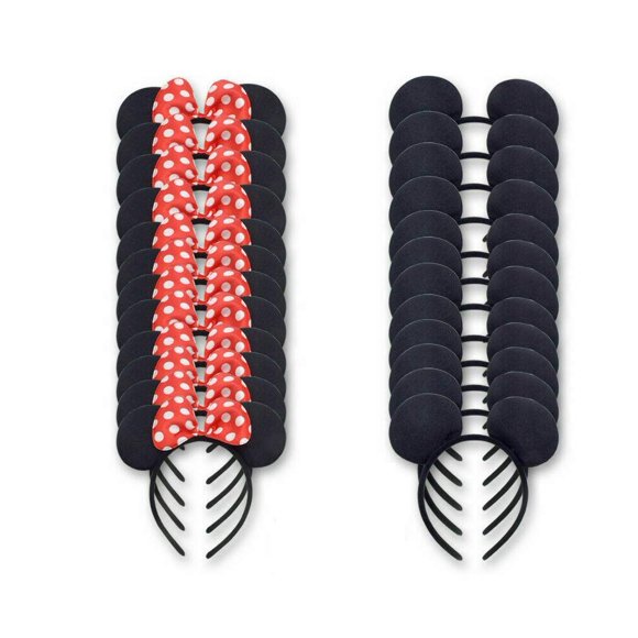 Juego de diademas con forma de orejas de ratón, Winvin, 24 unidades, color negro y rojo