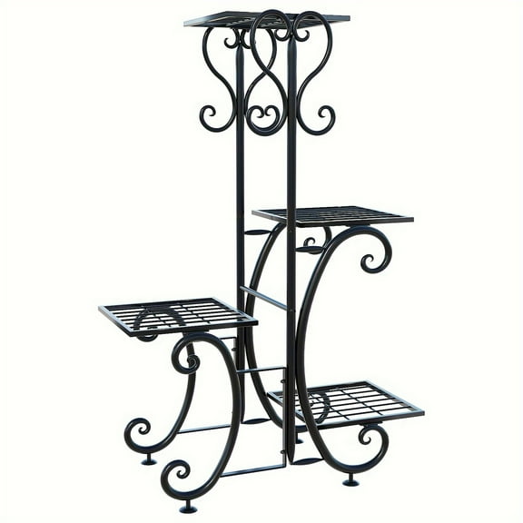 4 Tier Metal  Shelf,  Stand Indoor Outdoor Flower Pot Holder Display Racks - Wrought Iron Corner Multiple Planter Rack Organizer For Garden Patio Lawn Balcony Office and Store Display, black