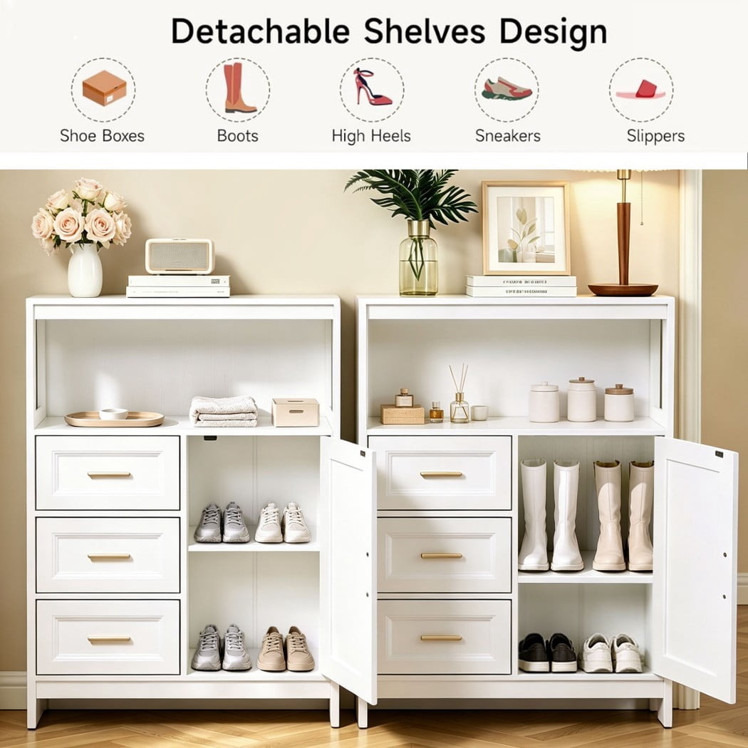 Modern Buffet Cabinet, Kitchen Storage Cabinet with 3 Drawers & 1 Door, Sideboard Cabinet with Wide Countertop for Dining Room, Living Room, Entryway & Bathroom, White