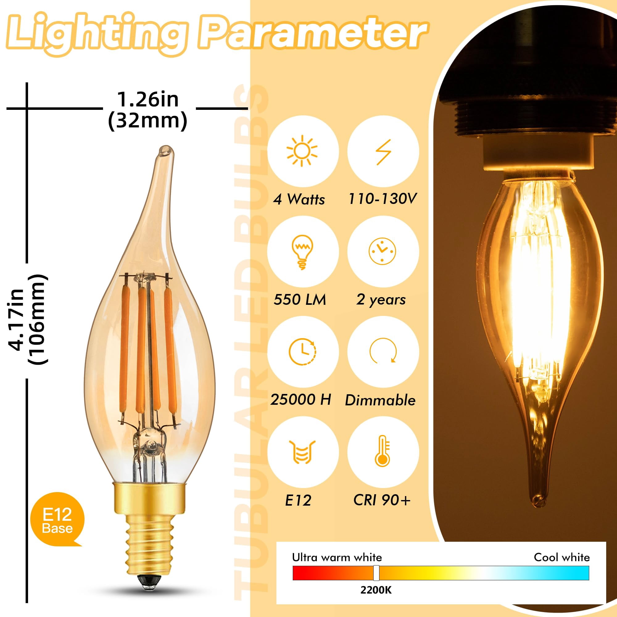 Dimmable E12 Candelabra LED Light Bulbs,C32T 4W Amber Flame Tip Vintage Chandelier Bulbs Equal to 40Watt Incandescent,2200K Warm Yellow CA10 Candle Bulb for Decor Lighting, 550Lumen,6Pack