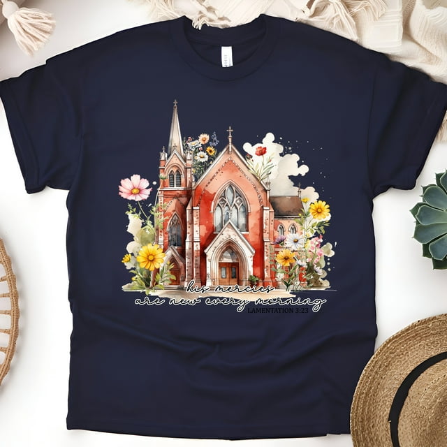 His Mercies Are New Every Morning Christian Church T-Shirt, Navy, Size M