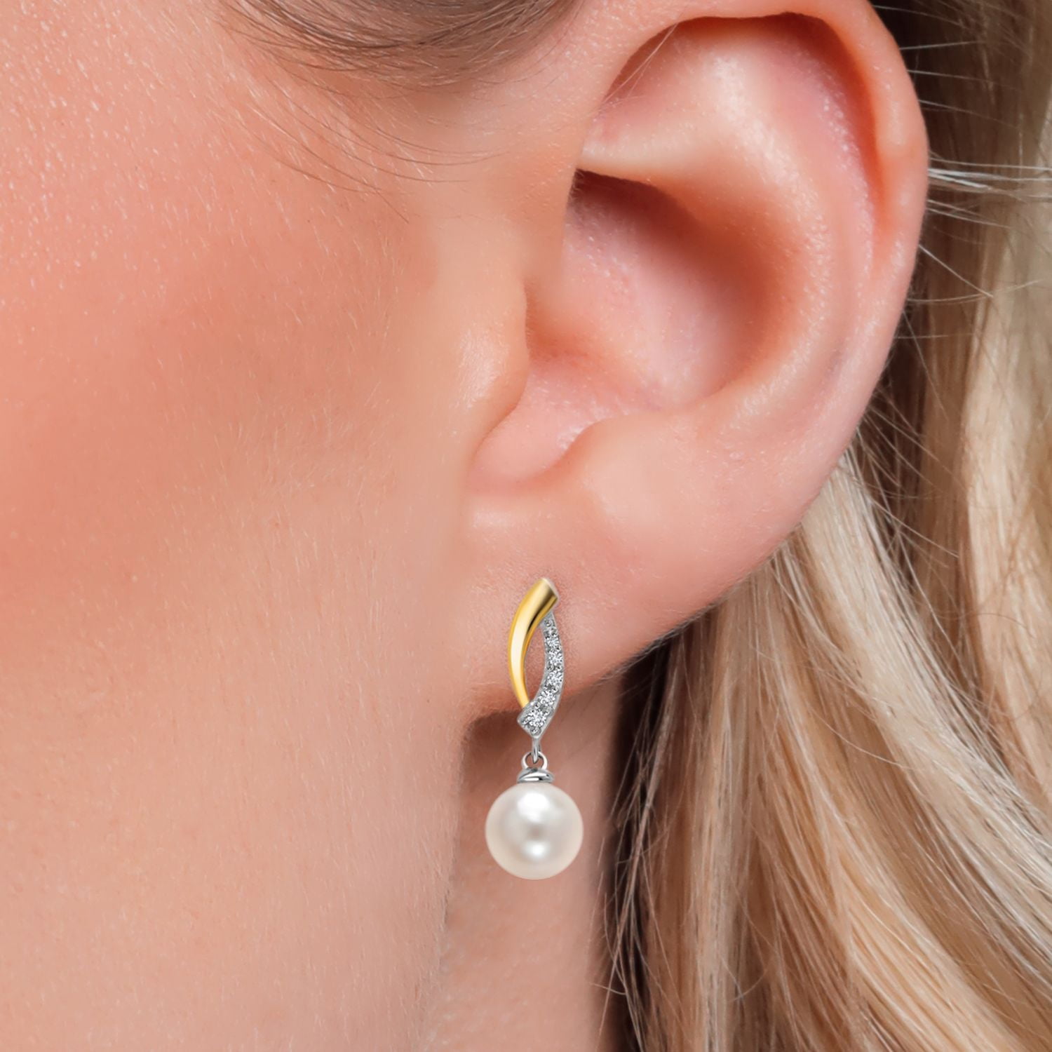 Gem Stone King 925 Sterling Silver and 10K Yellow Gold 7MM Round Cultured Freshwater Pearl and Lab Grown Diamond Dangle Earrings for Women