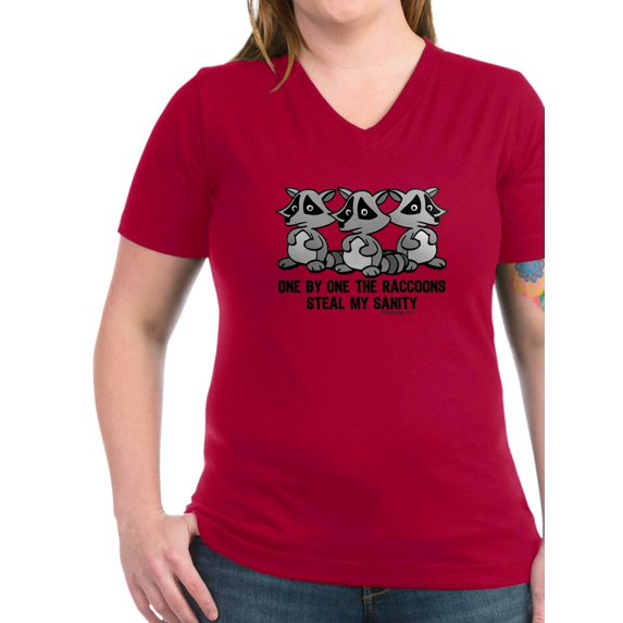 CafePress - One By One The Raccoons Women's V Neck T Shirt - Women's V-Neck Dark T-Shirt