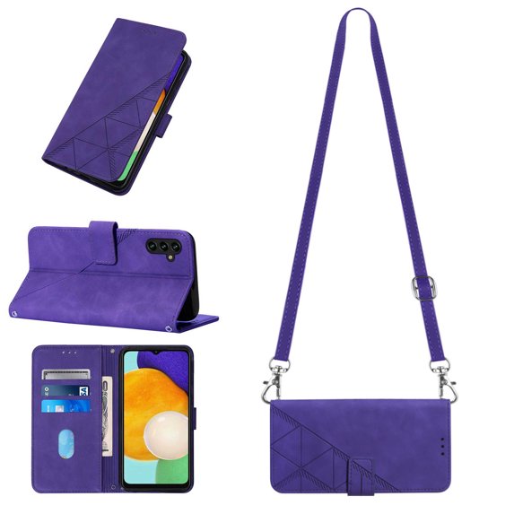 Mantto for Samsung Galaxy A13 4G 6.6 inch Crossbody Phone Case with Shoulder Strap,Magnetic Closure Folio Kickstand Card Slots Premium PU Leather Full Protection Shockproof Cover,Purple