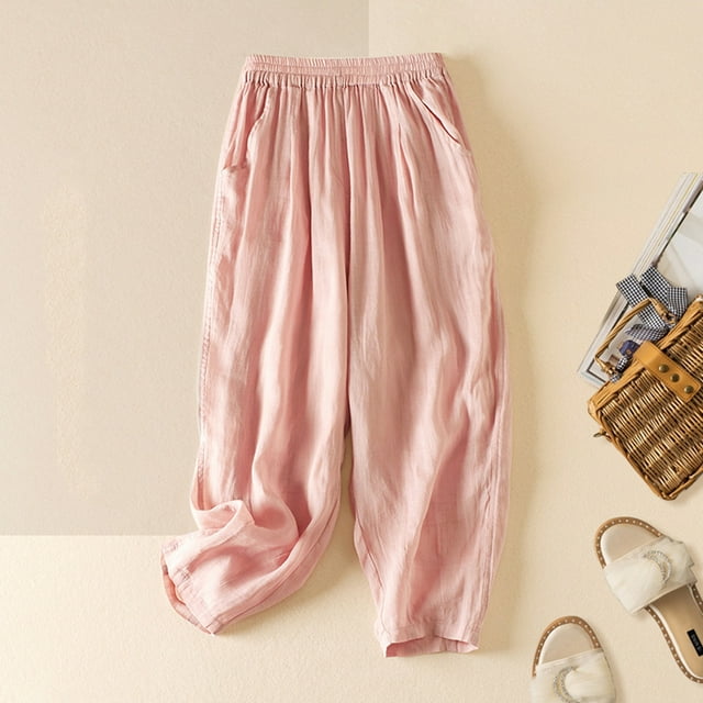 TACILIP Linen Pants Women, Ladies Solid Color Double Layer Loose Cropped Pants, Fashion Clothing