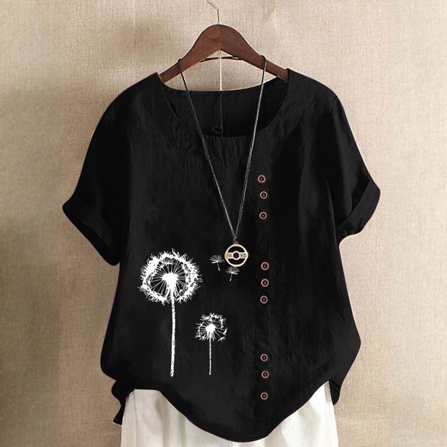Lydiaunistar Women's Spring Tops Plus Size Casual Round-Neck Printed Short Sleeve Button-Up Blouse T-Shirt Polyester Lightweight for Summer Black