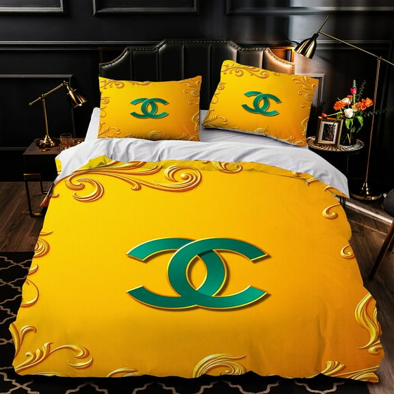 Luxurious 3-Piece Duvet Cover Set Yellow with Intricate Swirling Patterns & Green - Elegant Bedding for Modern Bedrooms