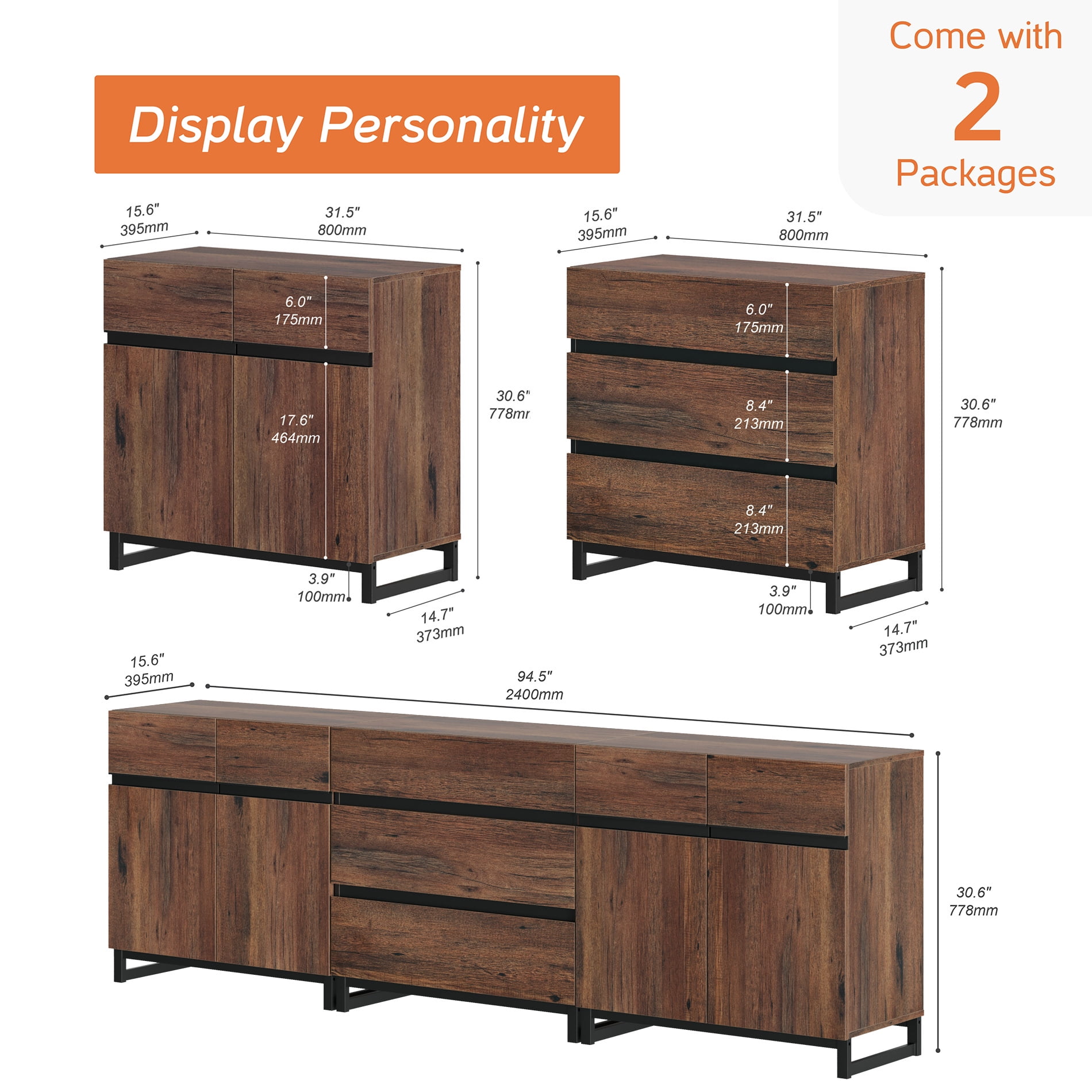 WAMPAT 3-In-1 Modern Sideboard Buffet Cabinet With 3 Drawers And Adjustable Shelves, Coffee Bar And Storage Cabinet For Living Room And Kitchen