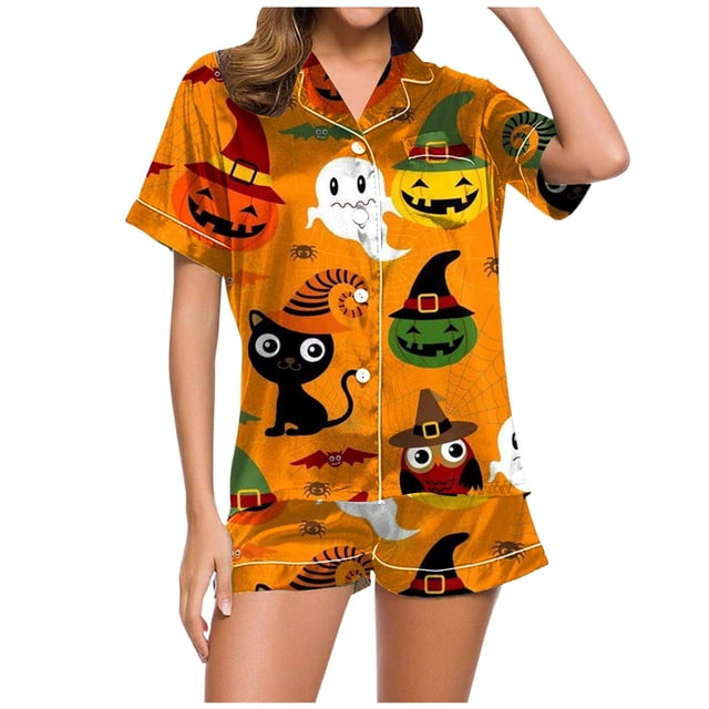 Fgnfyis Ensemble de Pyjama Décontracté Imprimé et Short pour Femmes Pyjama d'Halloween Femmes Orange_003 m