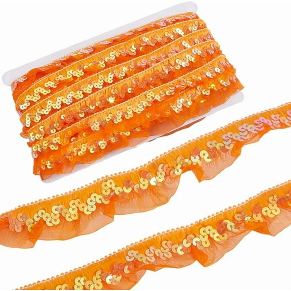 11m Orange Sequin Organza Fabric Ribbon 3cm Gathered Ruffle Mesh Stretch Fringe Trimming Pleated Elastic Chiffon Lace Edge Trim for Sewing Gift Package Wrapping Dress Cloth Crafts