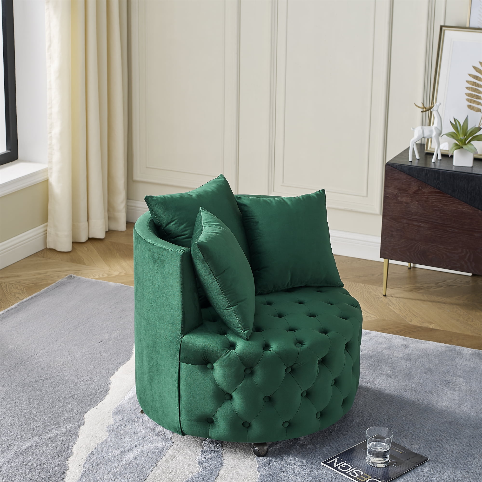 Gewnee Swivel Chair,Green Velvet Modern Glam Accent Chair with Tufted Design & 3 Pillows Included, 250LBS Capacity for Home Office Living Room Bedroom