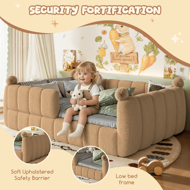 Bellemave Full Size Montessori Floor Bed, Upholstered Teddy Fleece Child Bed Frame with High Rails, 2-in-1 Daybed with Slats for Toddler Boys Girls, No Box Spring Needed,Natural