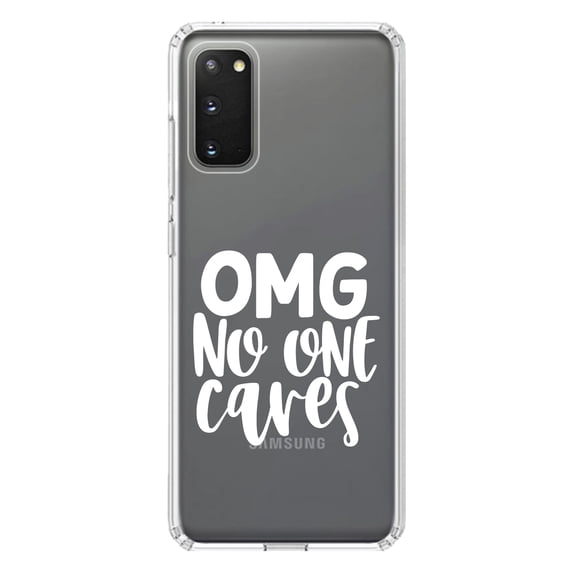DistinctInk Clear Shockproof Hybrid Case for Galaxy S20 / S20 5G (6.2" Screen) - TPU Bumper Acrylic Back Tempered Glass Screen Protector - OMG No One Cares - White