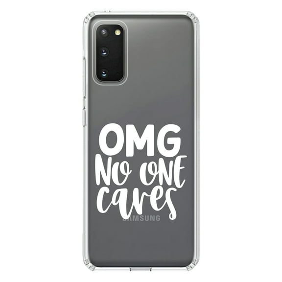 DistinctInk Clear Shockproof Hybrid Case for Galaxy S20 PLUS / 5G (6.7" Screen) - TPU Bumper Acrylic Back Tempered Glass Screen Protector - OMG No One Cares - White