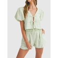 thumbnail image 4 of Women Y2k Two Piece Plaid Lounge Sets Puff Sleeve Tie Front Blouse Top Shorts Pajamas Set Green L, 4 of 7