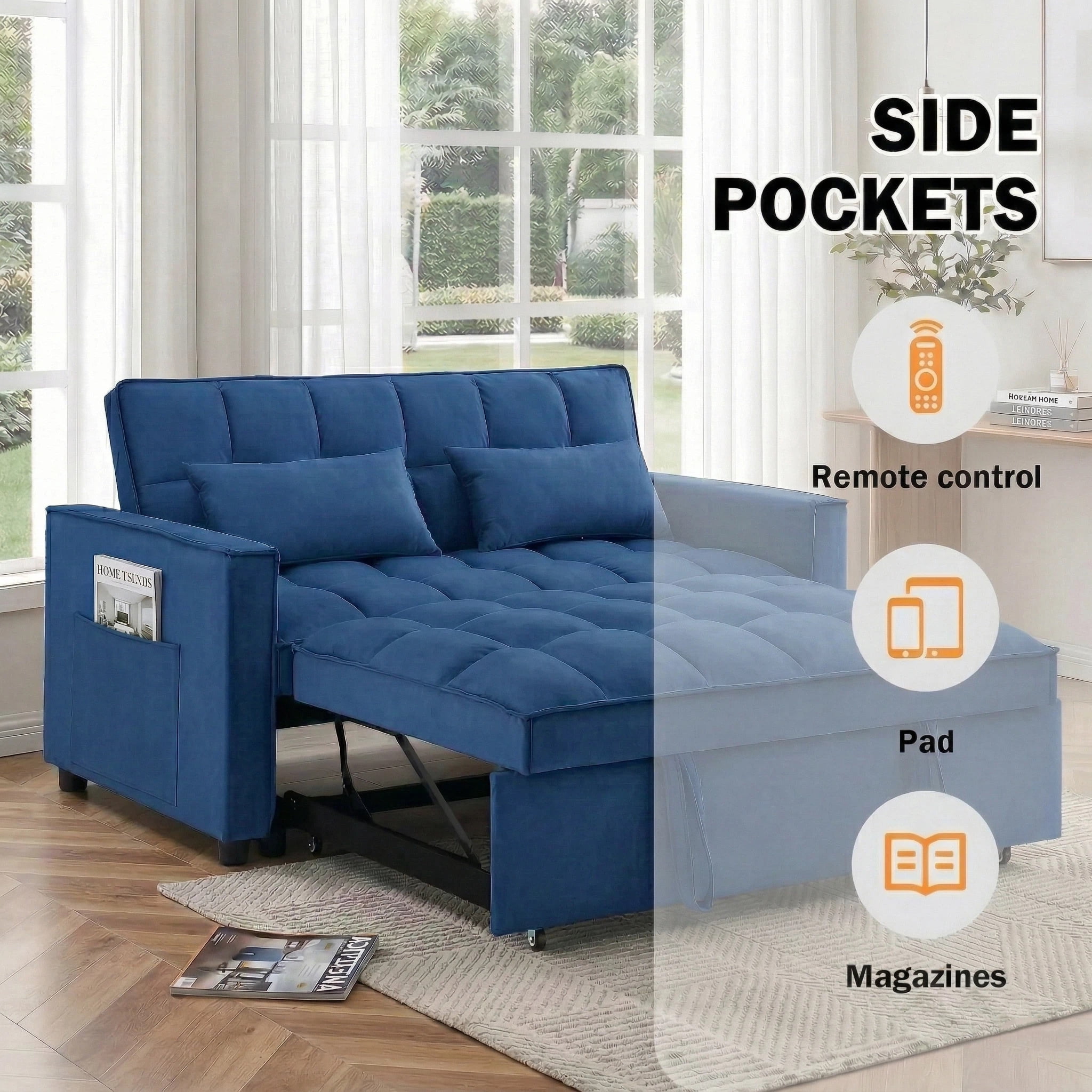 Avobird 3-in-1 Velvet Convertible Sleeper Sofa, Pull Out Couch Bed with Adjustable Backrest & Storage, Blue