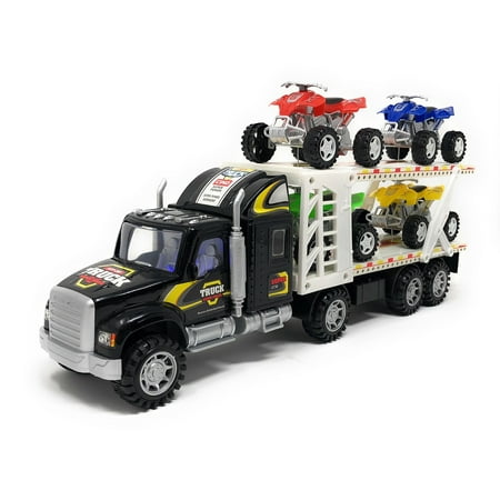 Transporter Truck Toy Children's Fiction Tow Truck Action Vehicle With Sound & Light - & 4 ATV Car Toys Included - No Batteries Required - Ideal Gift for