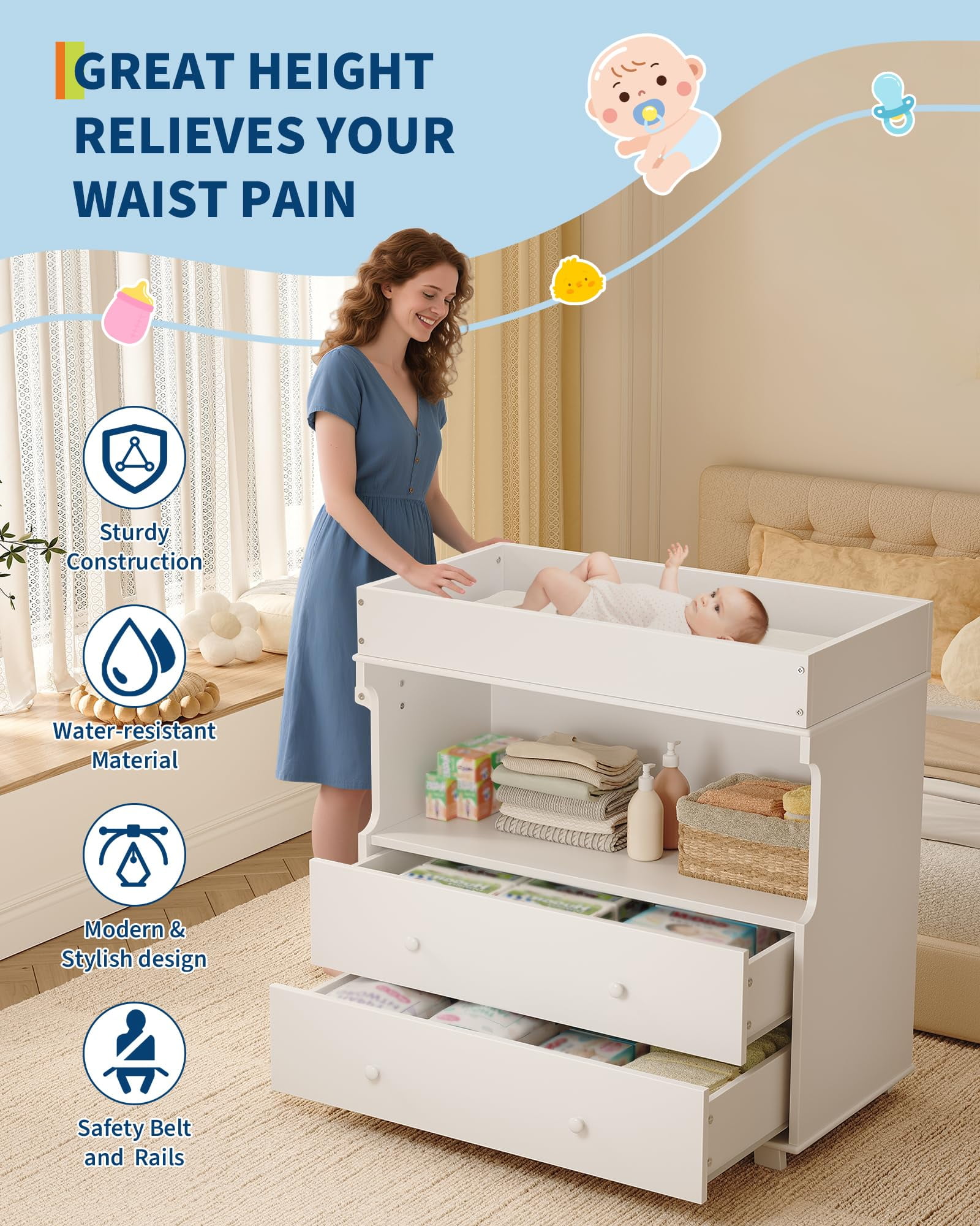 Huisuilinss Changing Table Dresser,Baby Nursery Dresser,Modern Wood Diaper Changing Station With 2 Drawers & Shelves,Multi-Functional Chest Of Drawer For Nursery Room Bedroom Kids Room