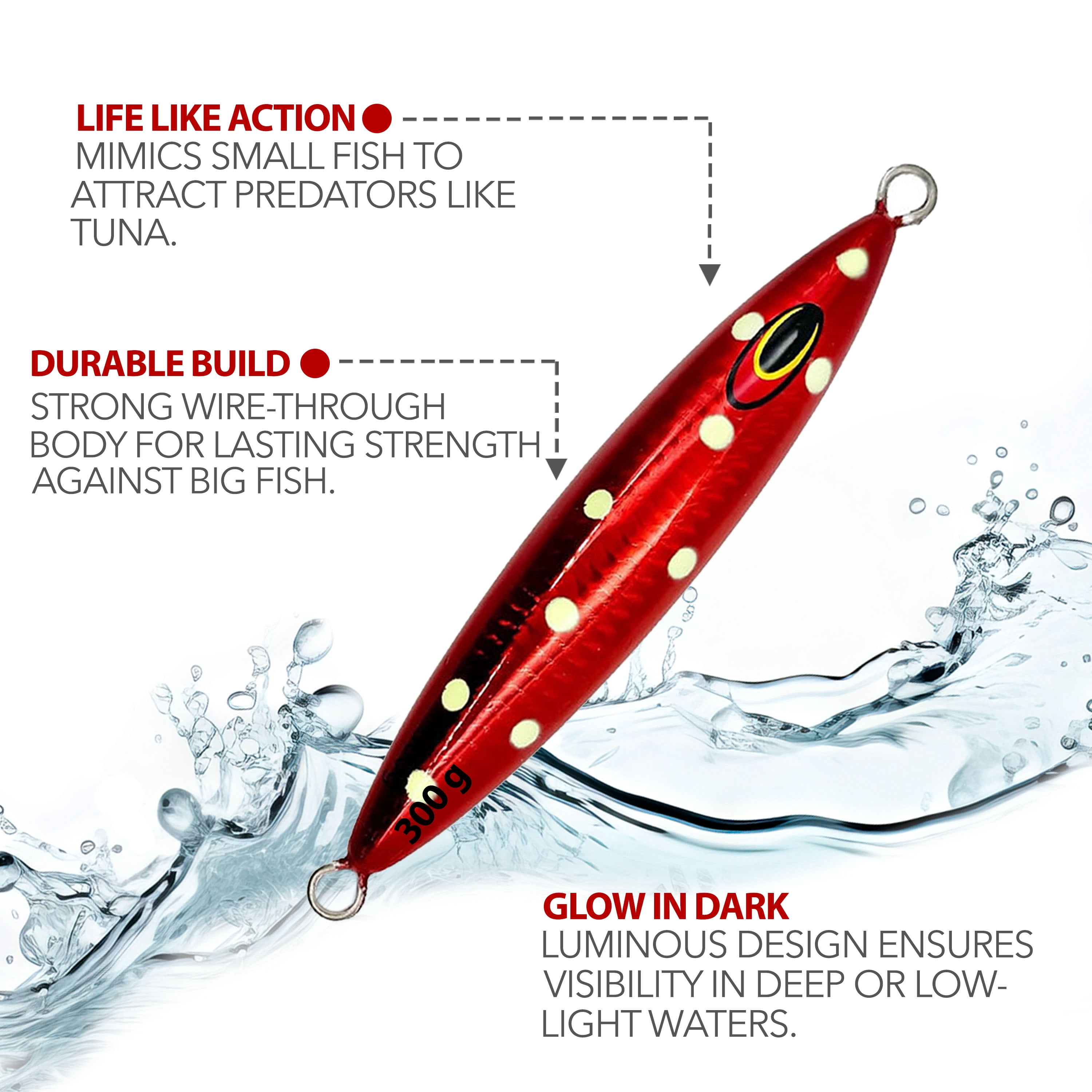 5.5" tuna jigs,300g deep drop saltwater jigging lures, 3 pcs Red Polka Dot, for offshore fishing & vertical jigging, includes wire-through design, ideal for big game tuna & bottom fishing