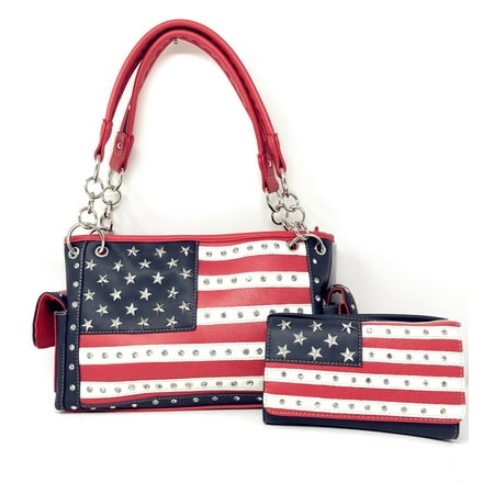 Texas West American Flag Rhinestone Women Leather Texas West American Flag Rhinestone Women Leather Concealed Handbags Purse Wallet Set In Multi Colors