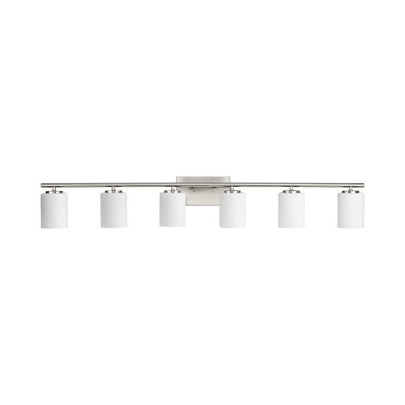 Replay Collection Six-Light Traditional Brushed Nickel Etched White Glass Bath Vanity Light