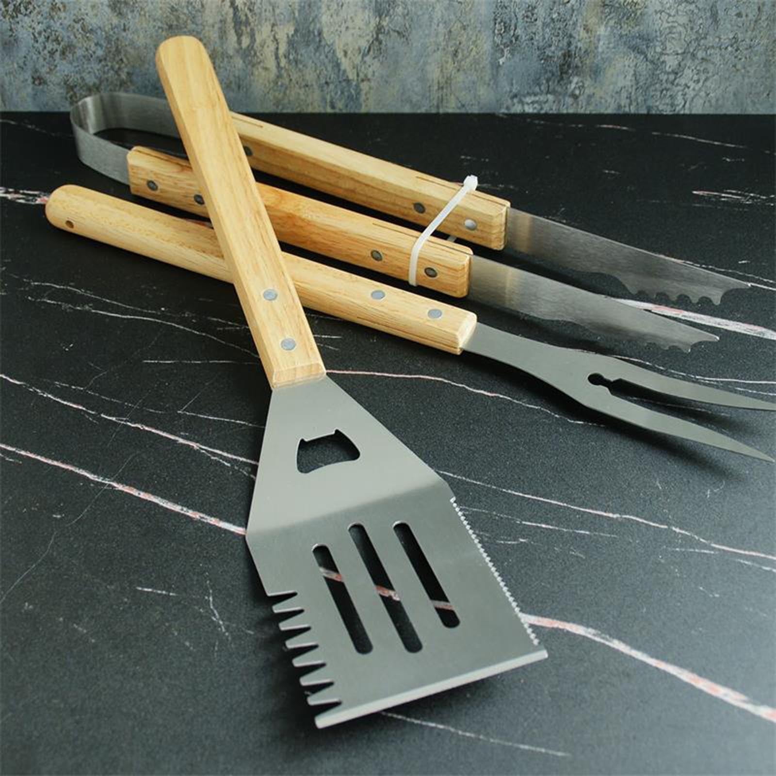 UYUH Grill Accessory Set, 3-Piece Stainless Steel Tools for Blackstone Griddle and Camping, Includes Spatula, Tongs, and Fork with Wooden Handles, Durable and Heat-Resistant