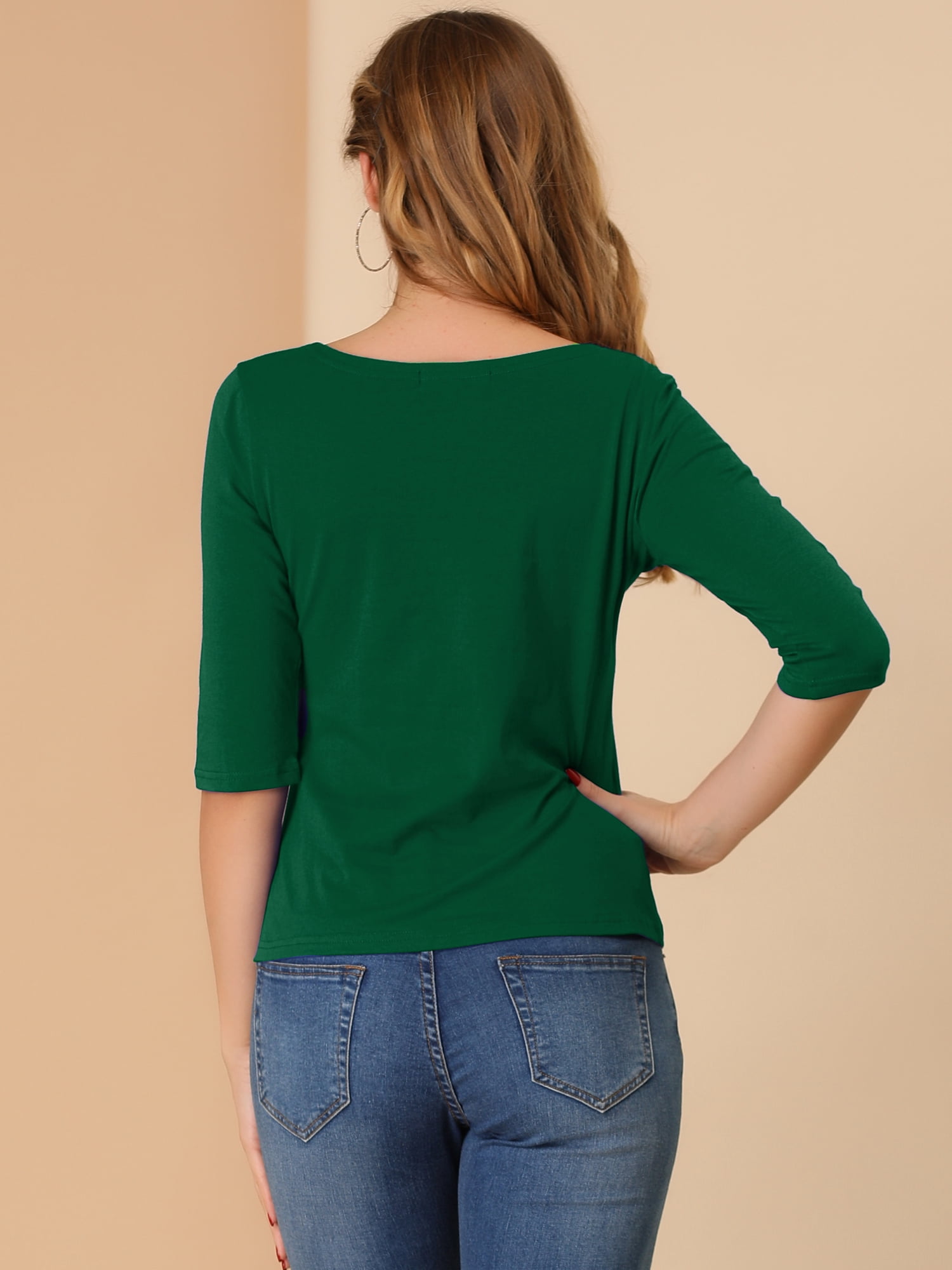 DARING DIVA Women's Elbow Sleeves Boat Neck Slim Fit Classic Tee L Deep Green