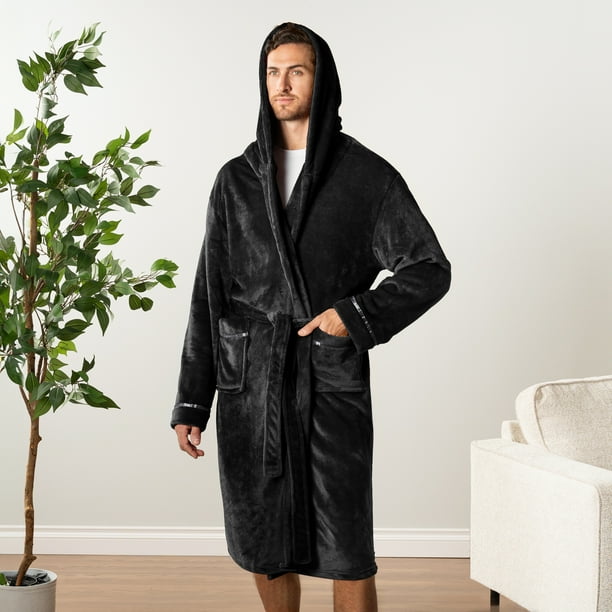 PAVILIA Mens Hooded Robe, Plush Lightweight Fleece Bathrobe with