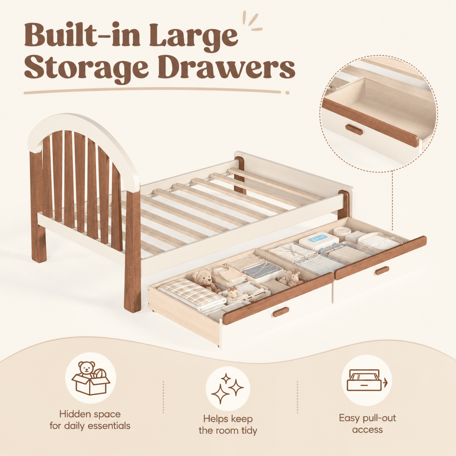 Miniyam Twin Size Kids Bed Frame with Storage Drawer, Wooden Platform Bed, Beige & Natural