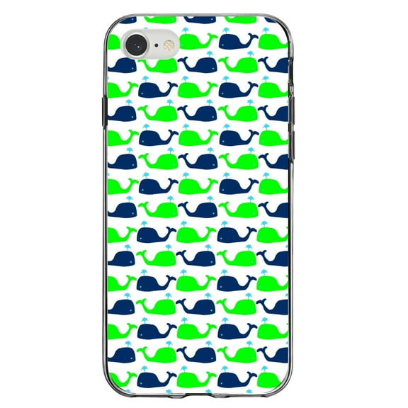 DistinctInk Clear Shockproof Hybrid Case for iPhone 7 8 SE (2020 Model) 4.7" Screen TPU Bumper Acrylic Back Tempered Glass Screen Protector - Green Navy Cartoon Whales - Cartoon Whales