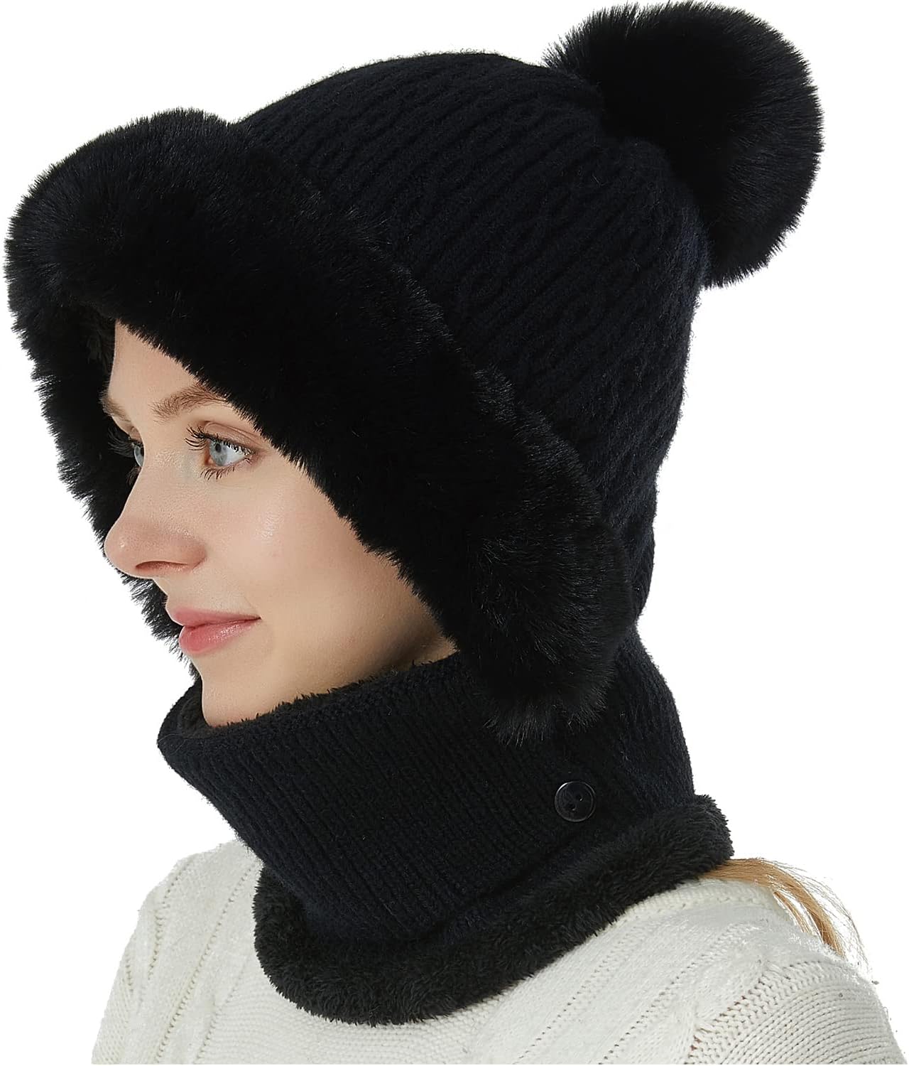Zhengup Women Balaclava Visor One-Piece Skull Beanie Hat Neck Circle Scarf Ski Snow Winter Knit Fleece Cap Cold Weather