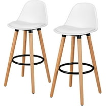 DORTALA Bar Stools Set of 2, Modern Armless Kitchen Island Stool w/Soft PU Leather Seat, Beech Wood Counter Height Chair w/Round Metal Footrest & Curved Backrest for Bistro, Dining Hall (White)