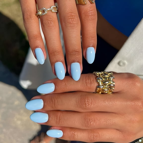 RAGUPEL Light Blue Press on Nails Short Almond Fake Nails Solid Color Round Nail Tips False Nails Glossy Autumn Glue on Nails Oval Nail Tips for Women and Girls 24Pcs Acrylic Artificial Nails Style