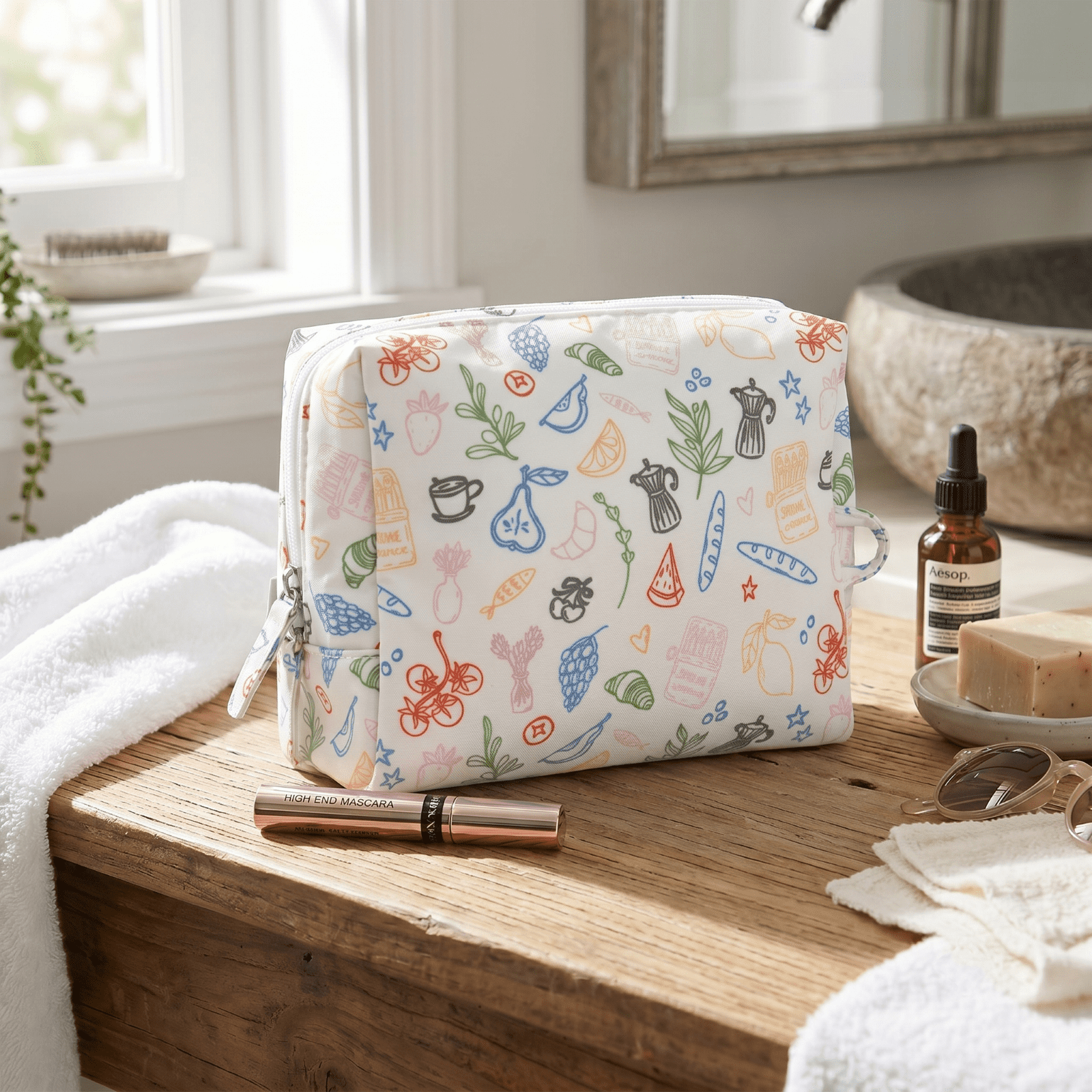 packlab Travel Makeup & Toiletry Cosmetic Bag, Cafe Doodle Organizer Pouch