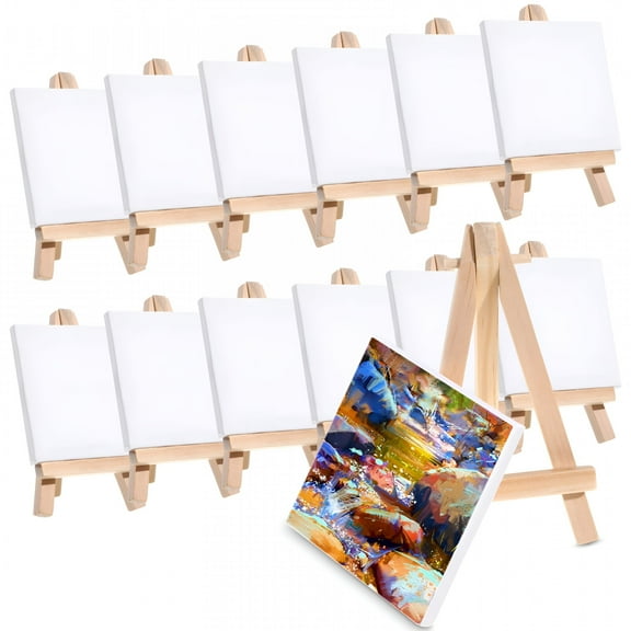 CCOCC 12 Packs Mini Canvas and Easel Set, Tabletop Wooden Display Stand and Canvas Panels for Artist Students