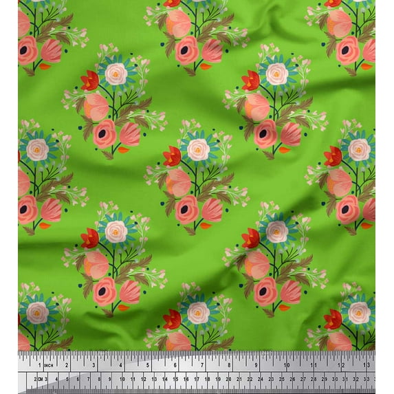 Soimoi Green Rayon Fabric Artistic Leaf & Floral Fabric Prints By Yard 42 Inch Wide