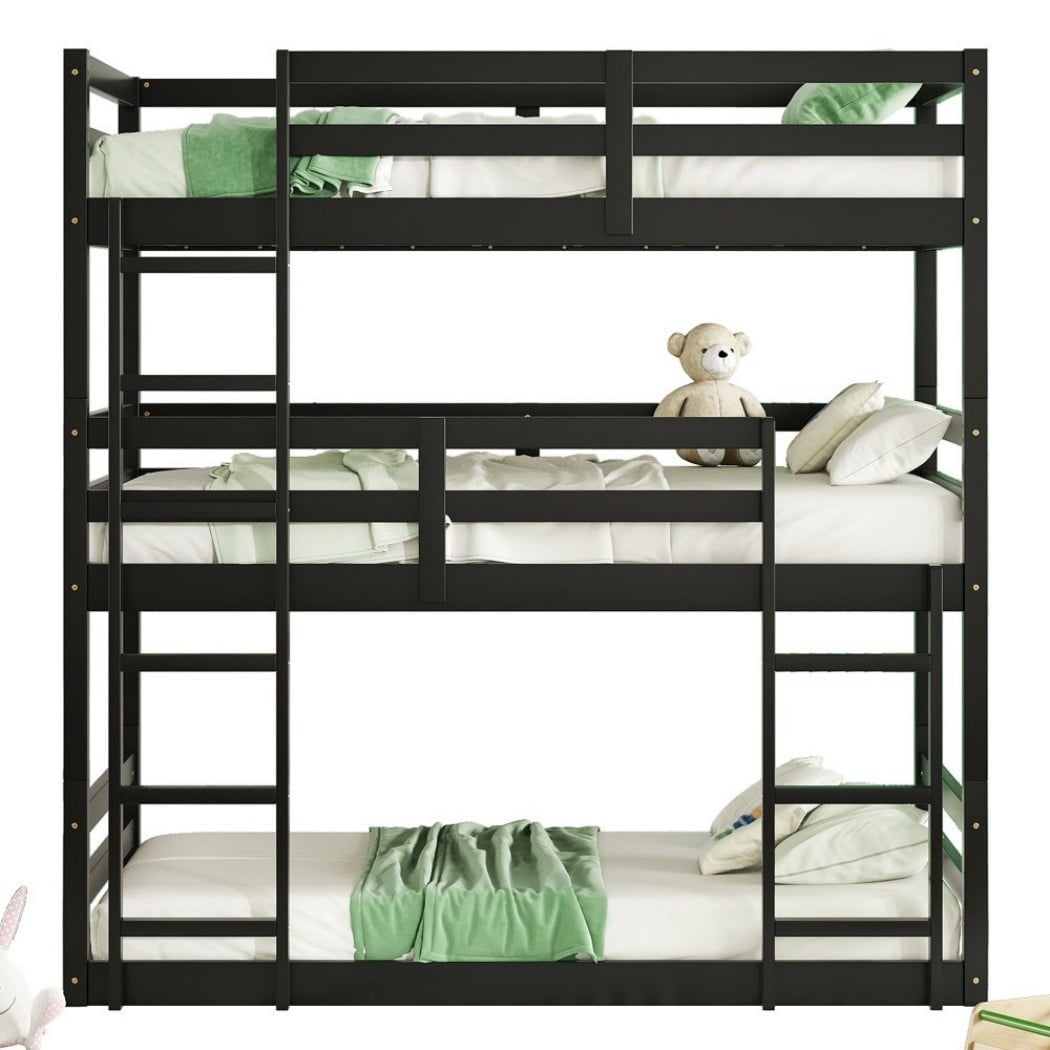 Triple Twin Bunk Bed, Rubber Wood Twin Over Twin Over Twin Bunk Bed with 2 Built-In Ladders & Guardrails, Detachable 3 Twin Beds, Black