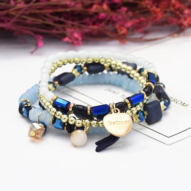 Juego de 4 pulseras Yuyangstore con abalorios elásticos y de borlas a la moda bohemia, azul