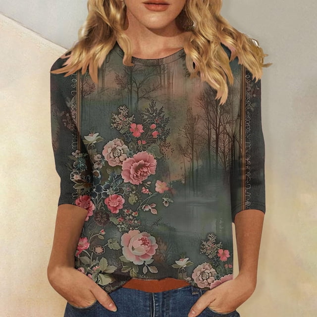 Babysbule T-Shirt d'Été à Manches 3/4 pour Femmes, Col Rond, Coupe Ample, Tunique Florale Mode 2025