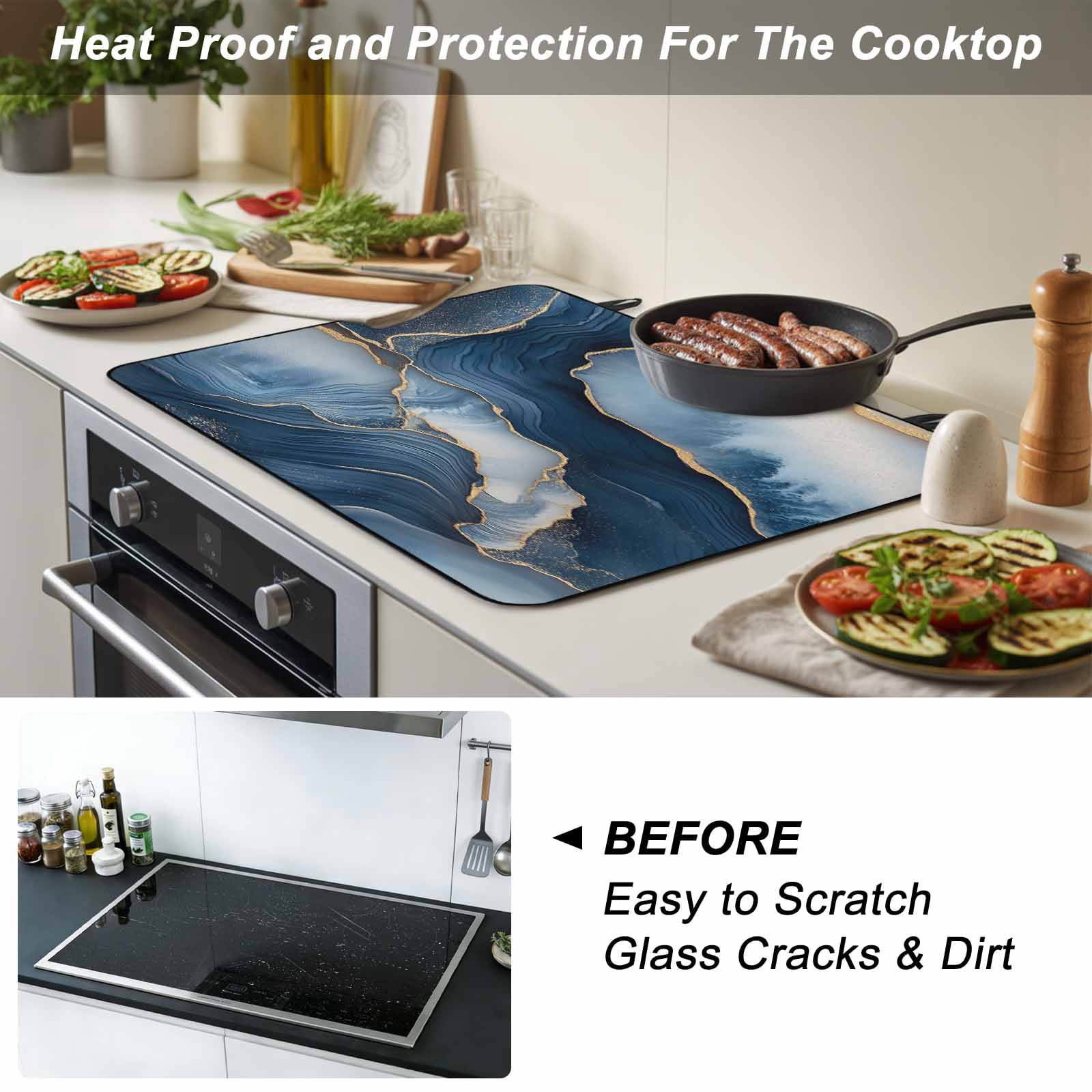 Navy Blue Marble Stove Top Cover for Electric Stove, Heat-proof & Non Slip Glass Top Stove Cover Protector, Modern Ink Painted Artwork Kitchen Flat Cooktop Rubber Mat 24x21 Inches